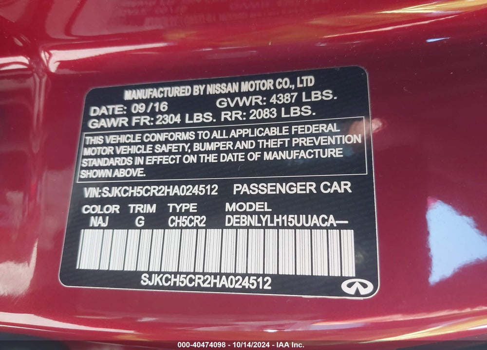 2017 INFINITI QX30 PREMIUM VIN: SJKCH5CR2HA024512
