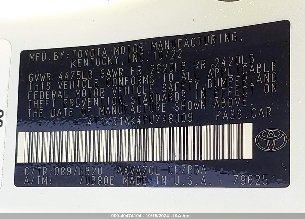 2023 TOYOTA CAMRY XSE VIN: 4T1K61AK4PU748309