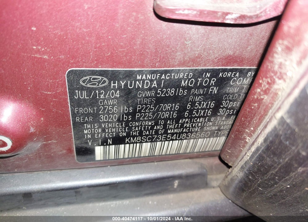 2004 HYUNDAI SANTA FE GLS/LX VIN: KM8SC73E54U836560