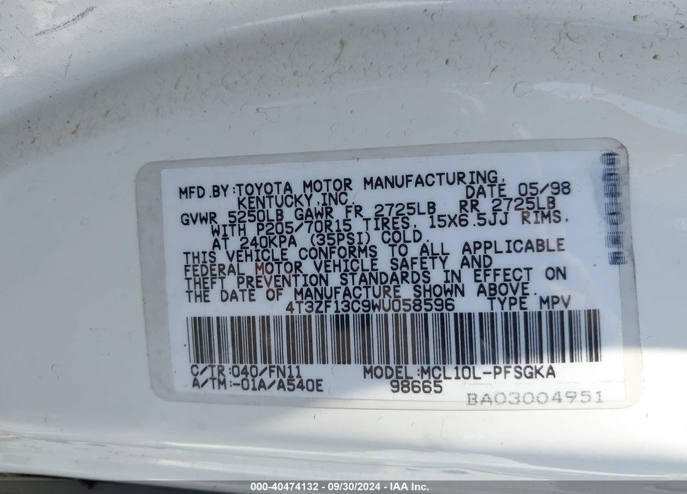 1998 TOYOTA SIENNA LE VIN: 4T3ZF13C9WU058596