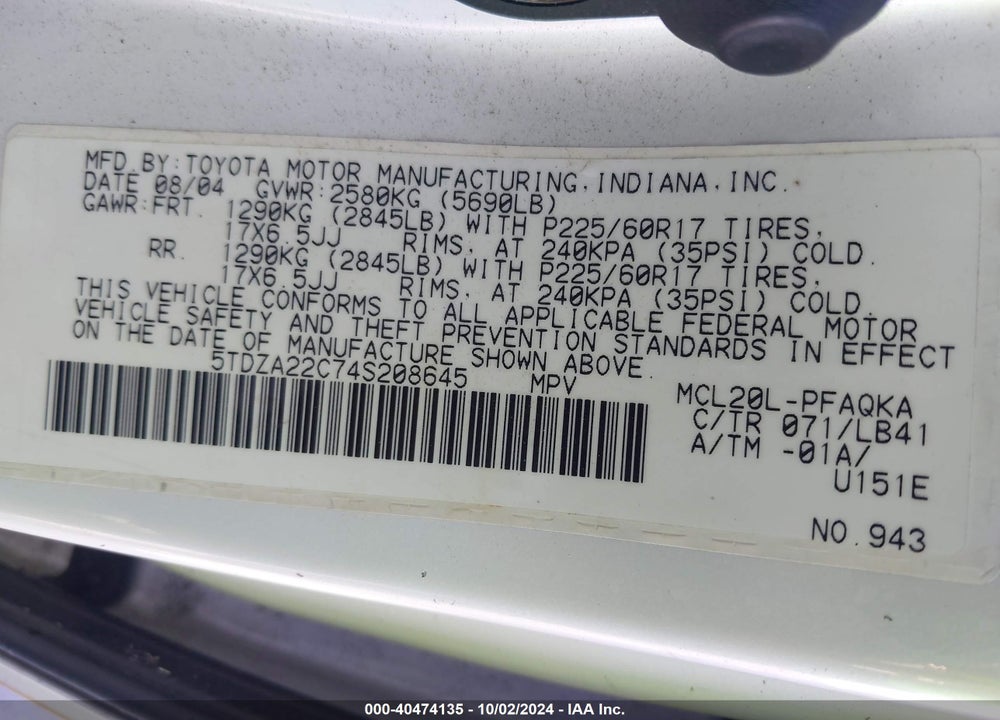 2004 TOYOTA SIENNA XLE LIMITED VIN: 5TDZA22C74S208645