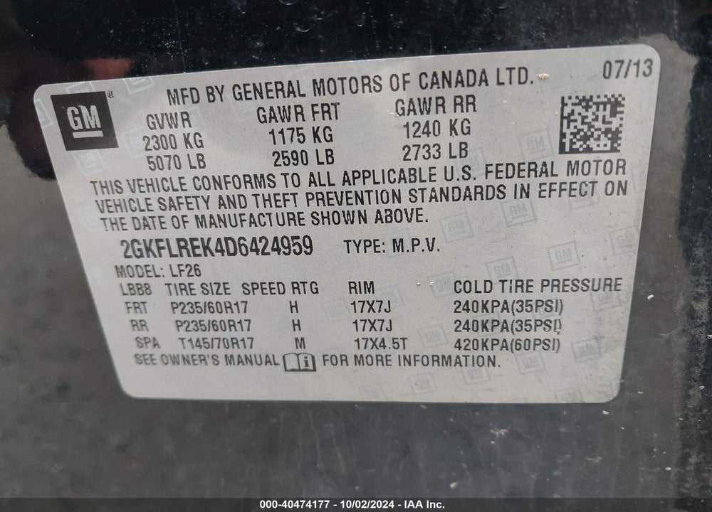 2013 GMC TERRAIN SLE-1 VIN: 2GKFLREK4D6424959