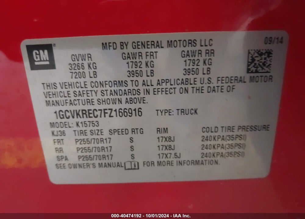 2015 CHEVROLET SILVERADO 1500 VIN: 1GCVKREC7FZ166916