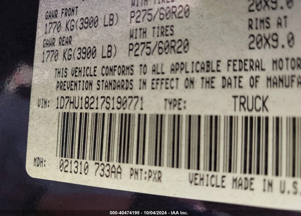 2007 DODGE RAM 1500 LARAMIE VIN: 1D7HU18217S190771