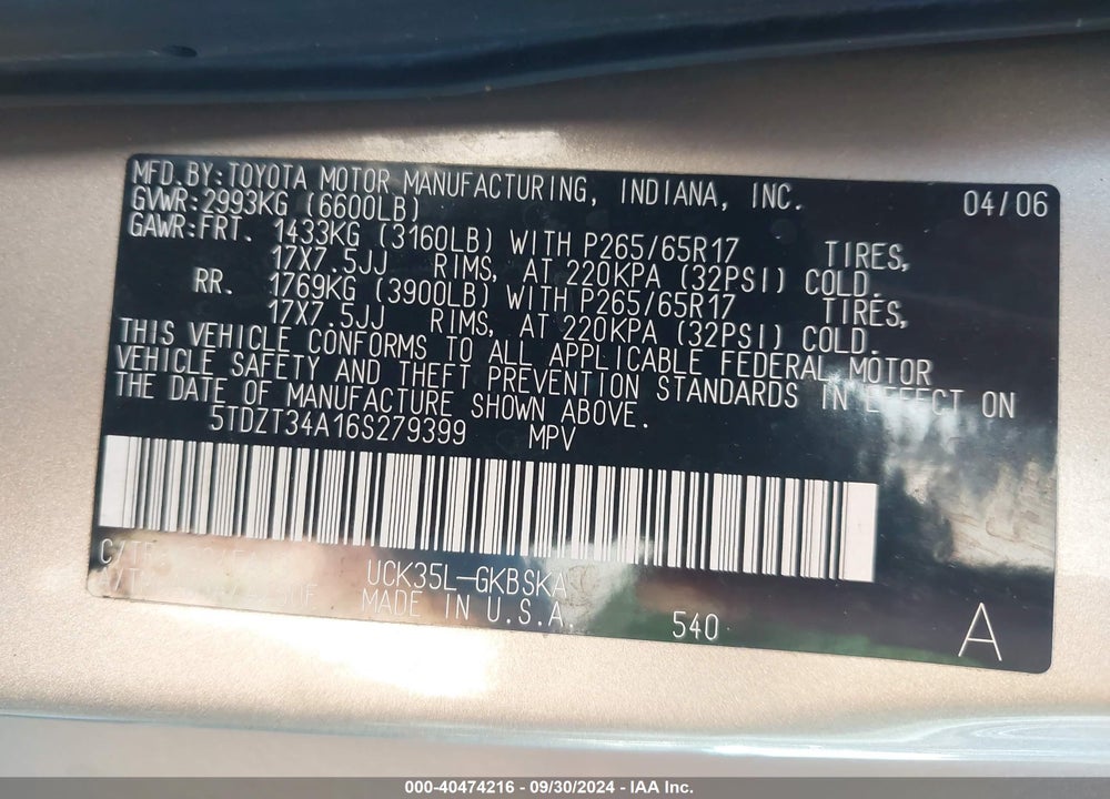 2006 TOYOTA SEQUOIA SR5 V8 VIN: 5TDZT34A16S279399