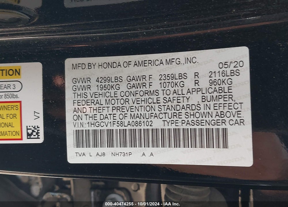 2020 HONDA ACCORD EX-L VIN: 1HGCV1F58LA086102