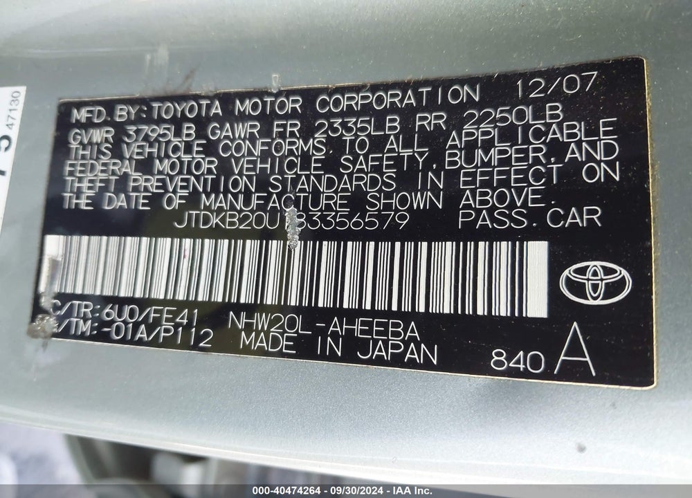 2008 TOYOTA PRIUS VIN: JTDKB20U183356579