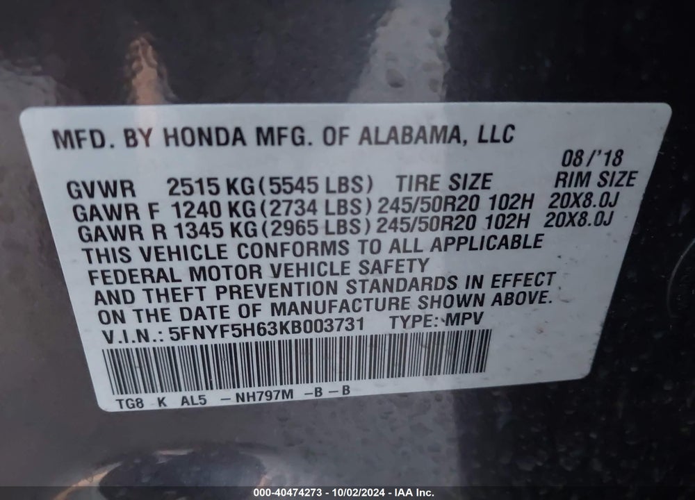 2019 HONDA PILOT TOURING VIN: 5FNYF5H63KB003731