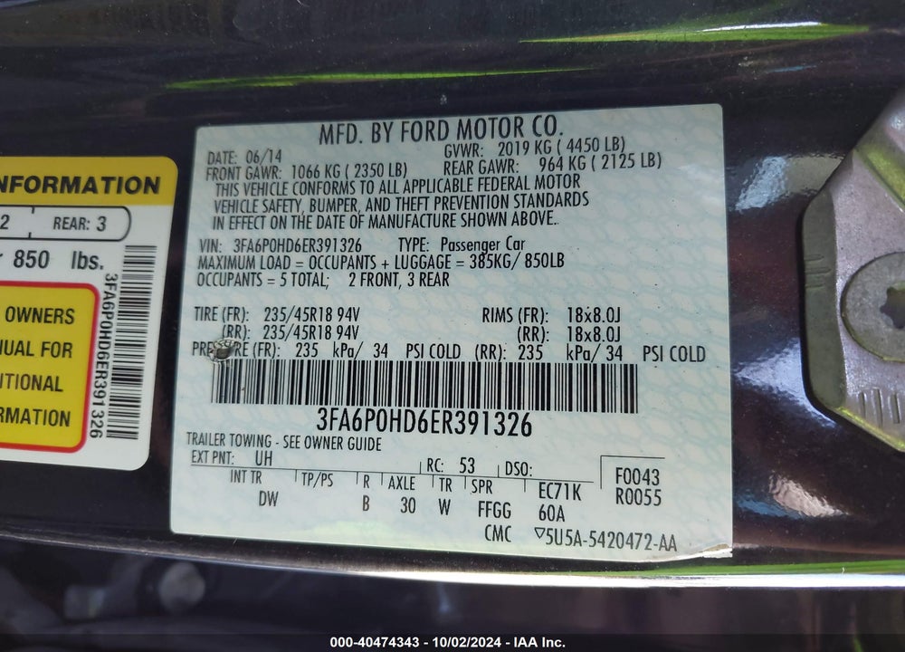 2014 FORD FUSION SE VIN: 3FA6P0HD6ER391326