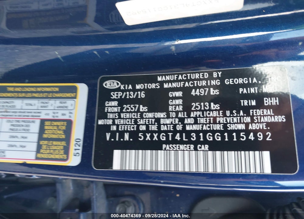 2016 KIA OPTIMA LX VIN: 5XXGT4L31GG115492
