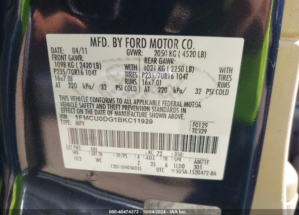 2011 FORD ESCAPE XLT VIN: 1FMCU0DG1BKC11929