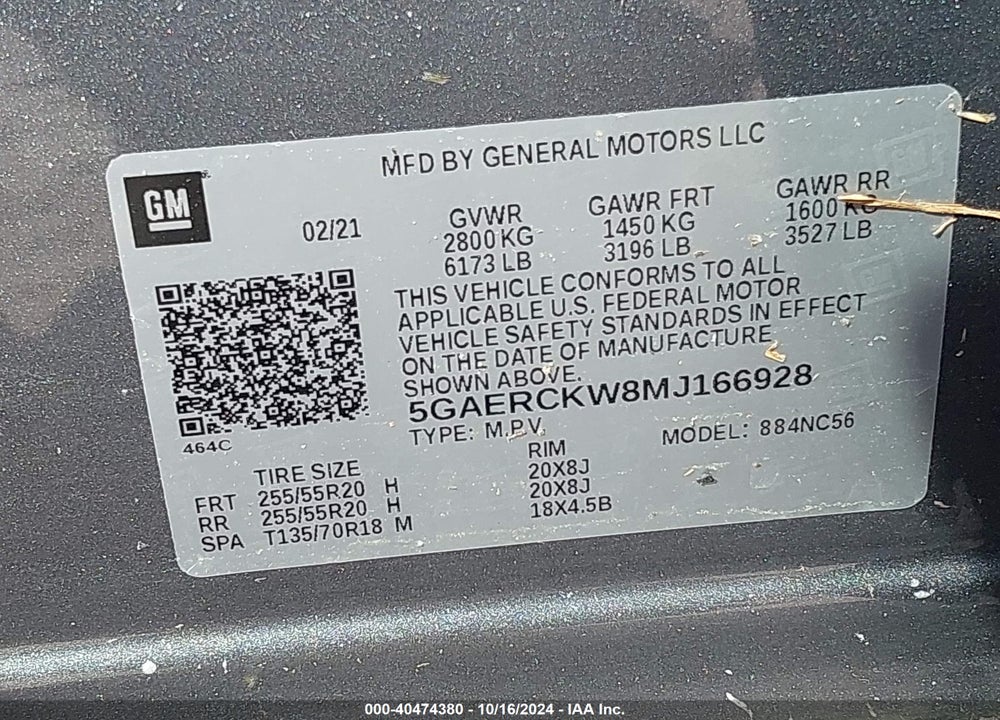 2021 BUICK ENCLAVE FWD PREMIUM VIN: 5GAERCKW8MJ166928