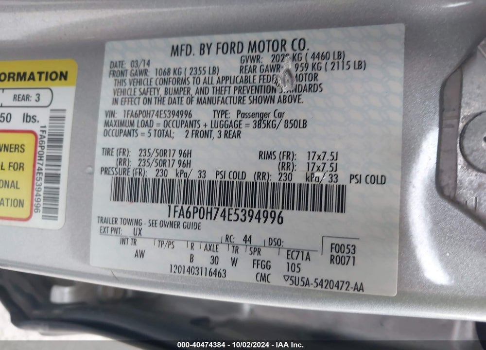 2014 FORD FUSION SE VIN: 1FA6P0H74E5394996