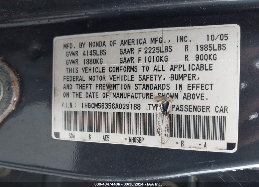 2006 HONDA ACCORD 2.4 SE VIN: 1HGCM56356A029188