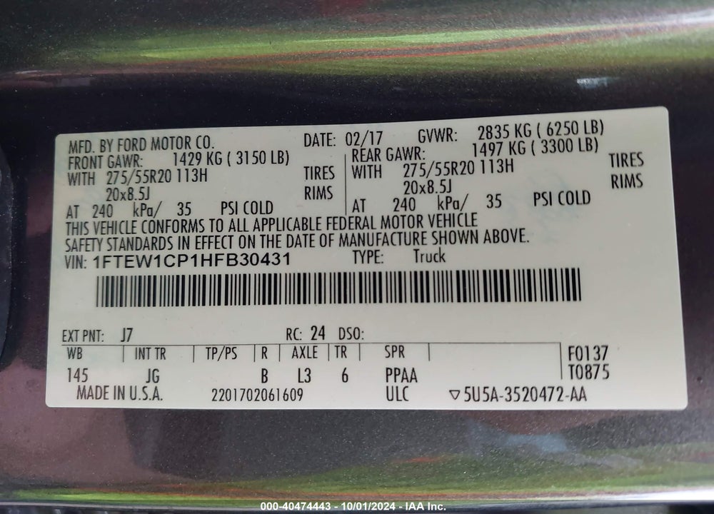 2017 FORD F-150 XL VIN: 1FTEW1CP1HFB30431