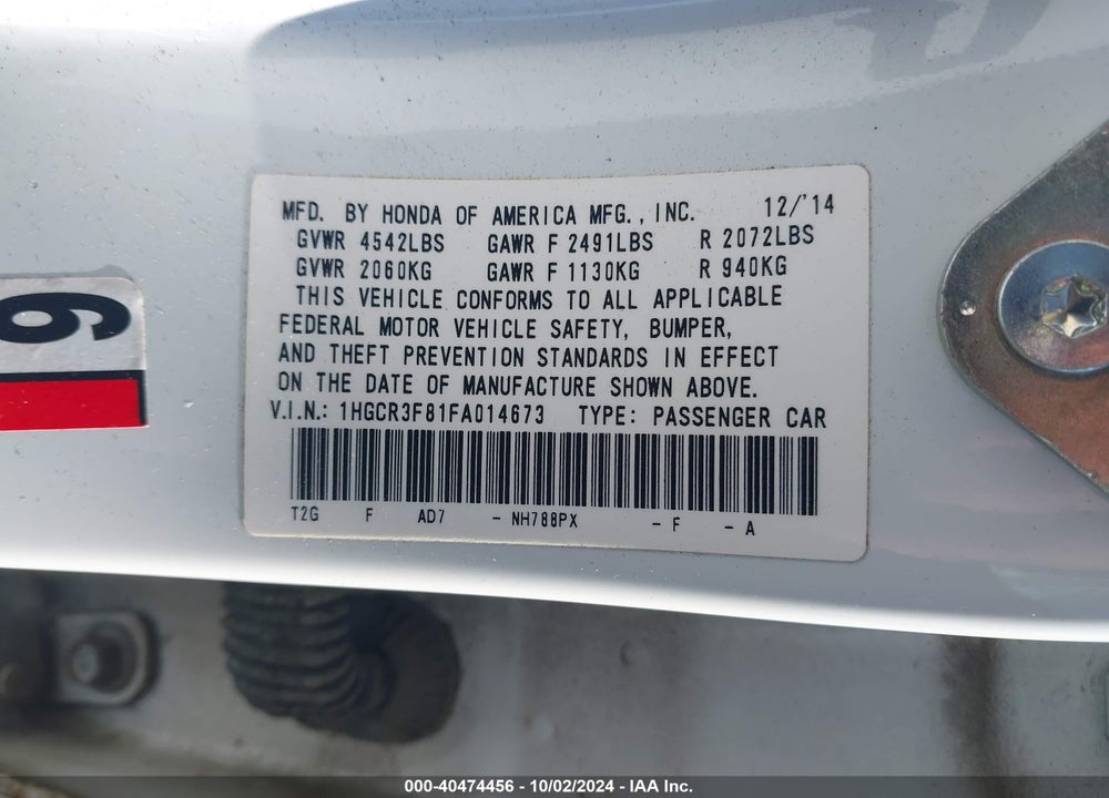 2015 HONDA ACCORD EX-L V-6 VIN: 1HGCR3F81FA014673