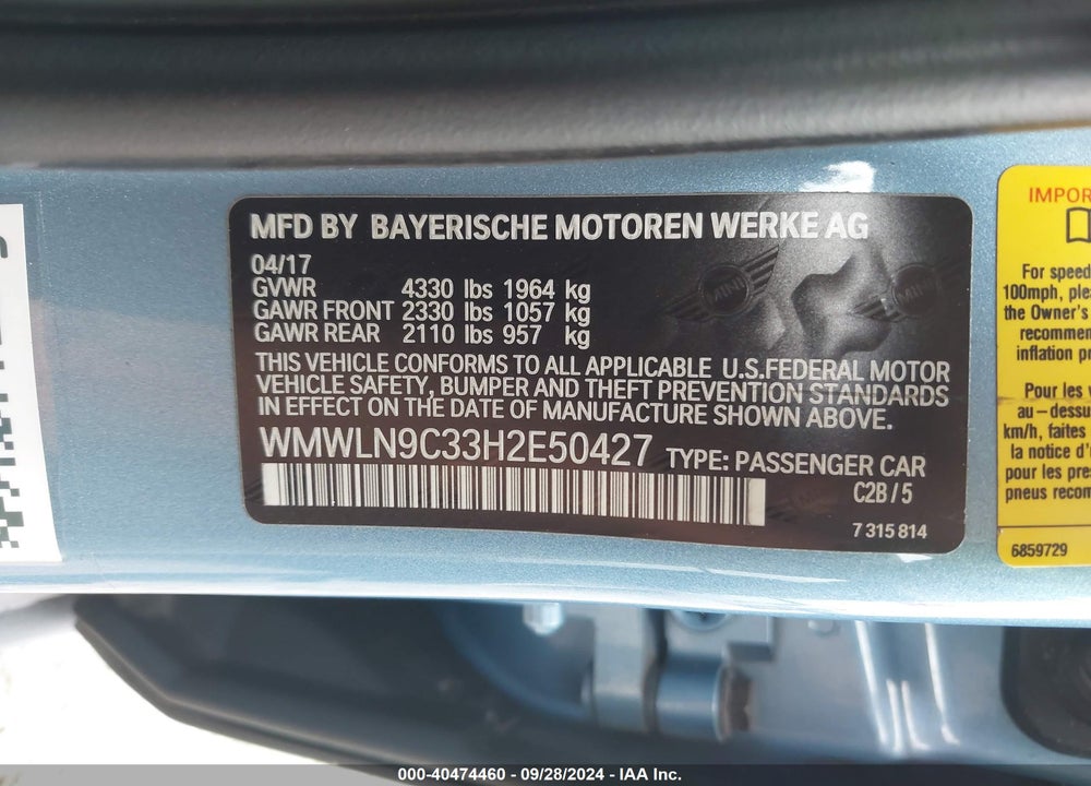 2017 MINI CLUBMAN COOPER S VIN: WMWLN9C33H2E50427