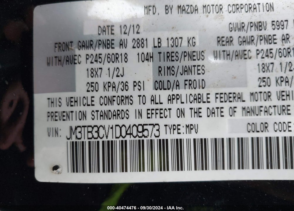 2013 MAZDA CX-9 TOURING VIN: JM3TB3CV1D0409573