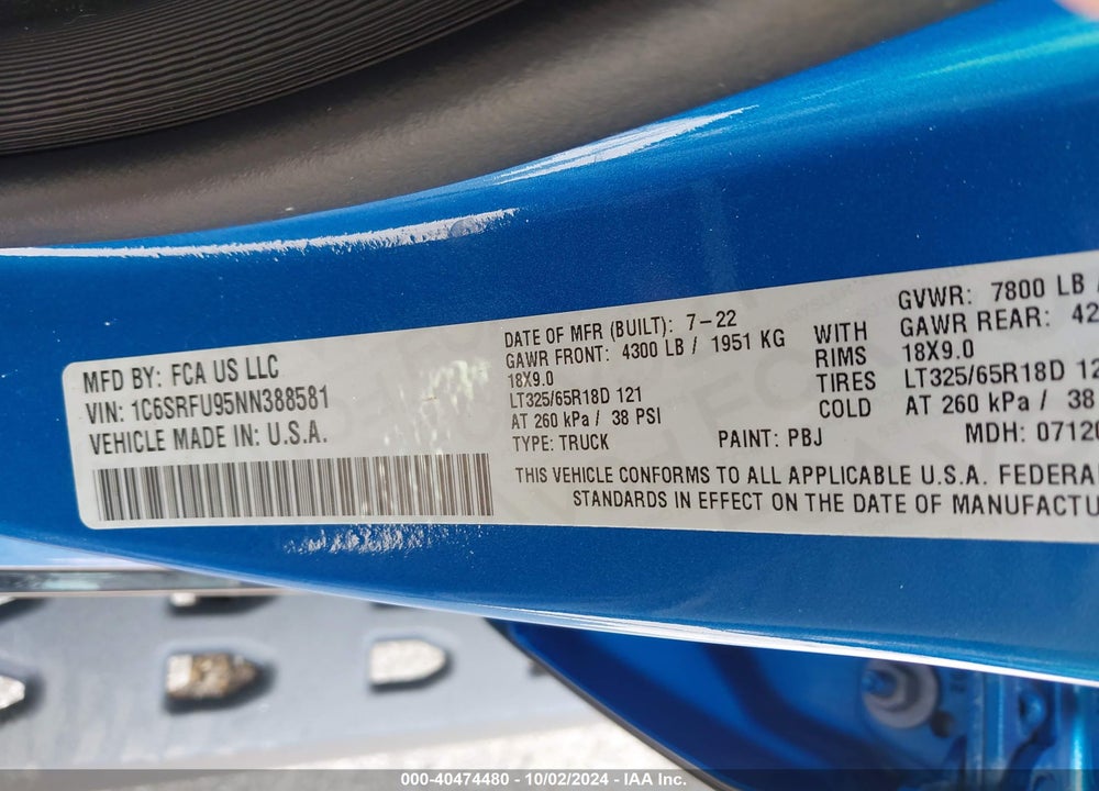 2022 RAM 1500 TRX VIN: 1C6SRFU95NN388581