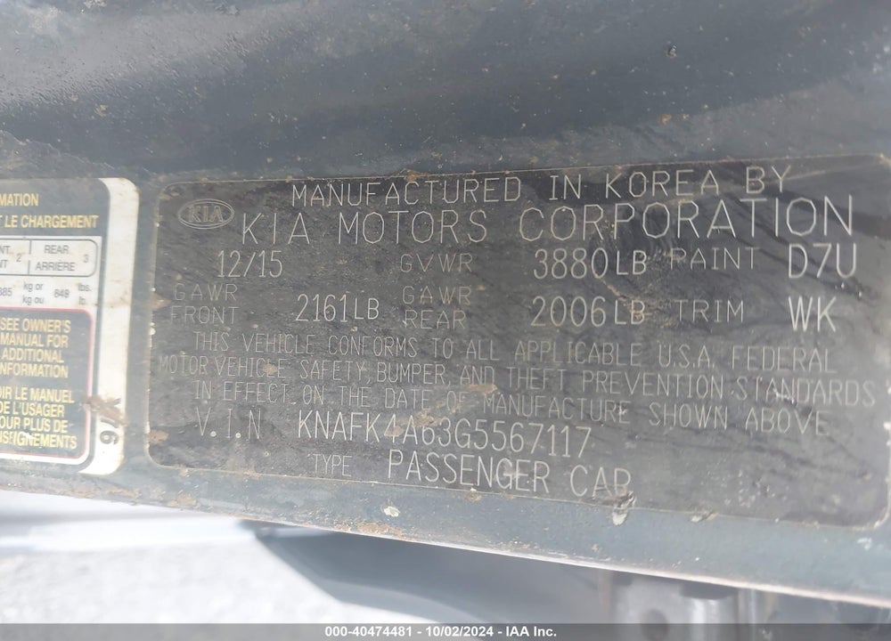 2016 KIA FORTE LX VIN: KNAFK4A63G5567117