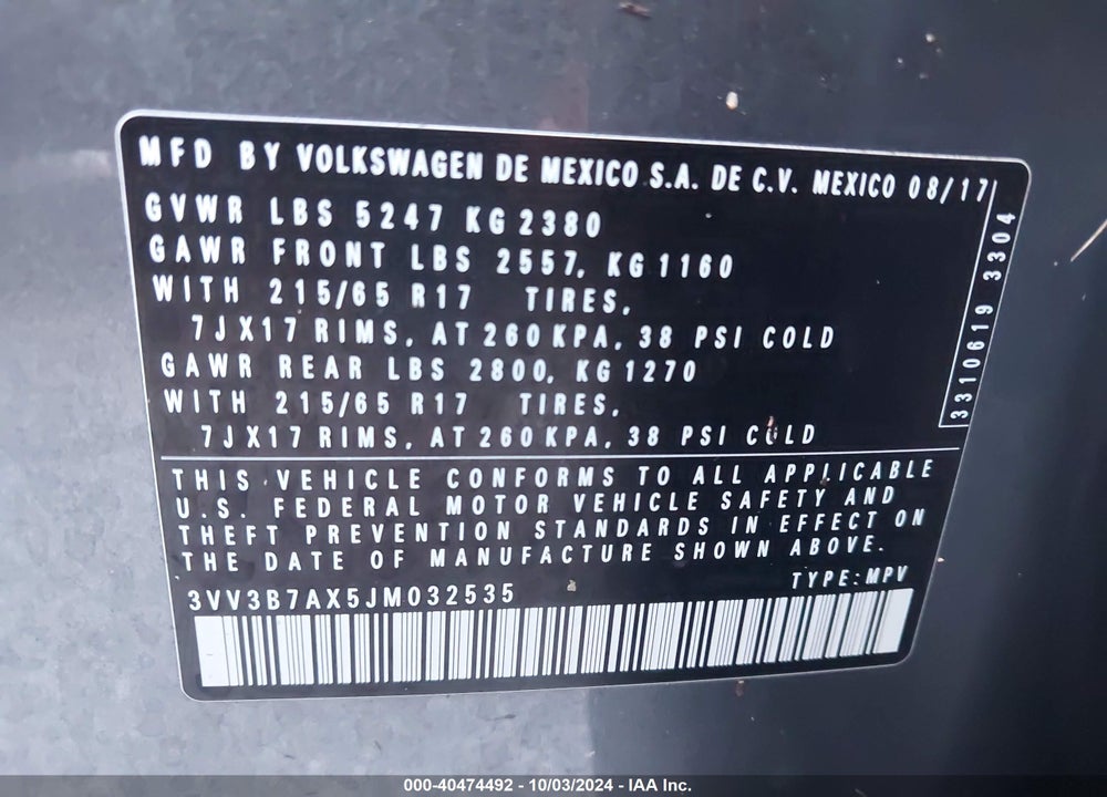 2018 VOLKSWAGEN TIGUAN 2.0T SE/2.0T SEL VIN: 3VV3B7AX5JM032535