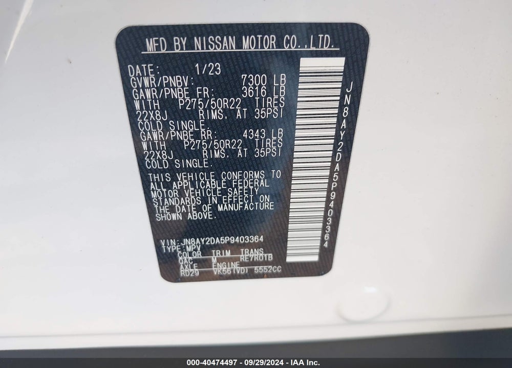 2023 NISSAN ARMADA PLATINUM 2WD VIN: JN8AY2DA5P9403364