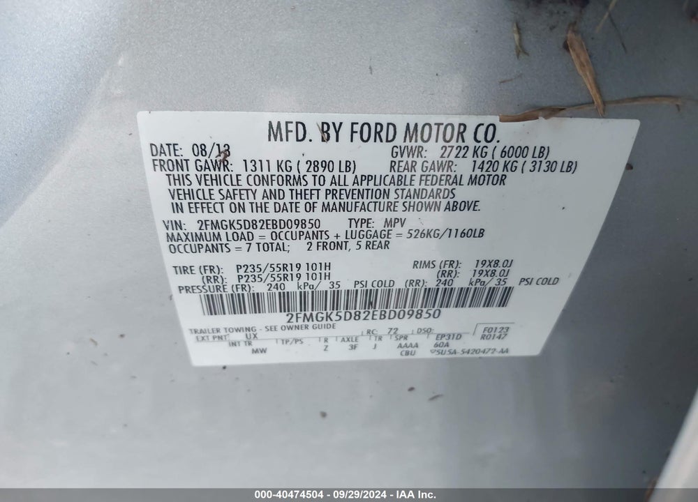 2014 FORD FLEX LIMITED VIN: 2FMGK5D82EBD09850