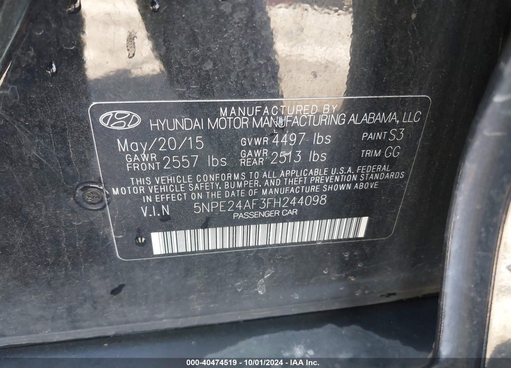 2015 HYUNDAI SONATA SE VIN: 5NPE24AF3FH244098