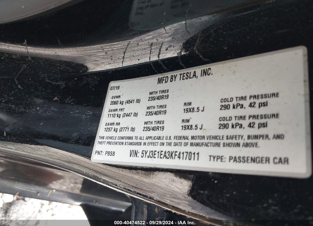 2019 TESLA MODEL 3 VIN: 5YJ3E1EA3KF417011