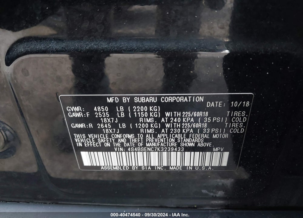 2019 SUBARU OUTBACK 3.6R LIMITED VIN: 4S4BSENC7K3239433