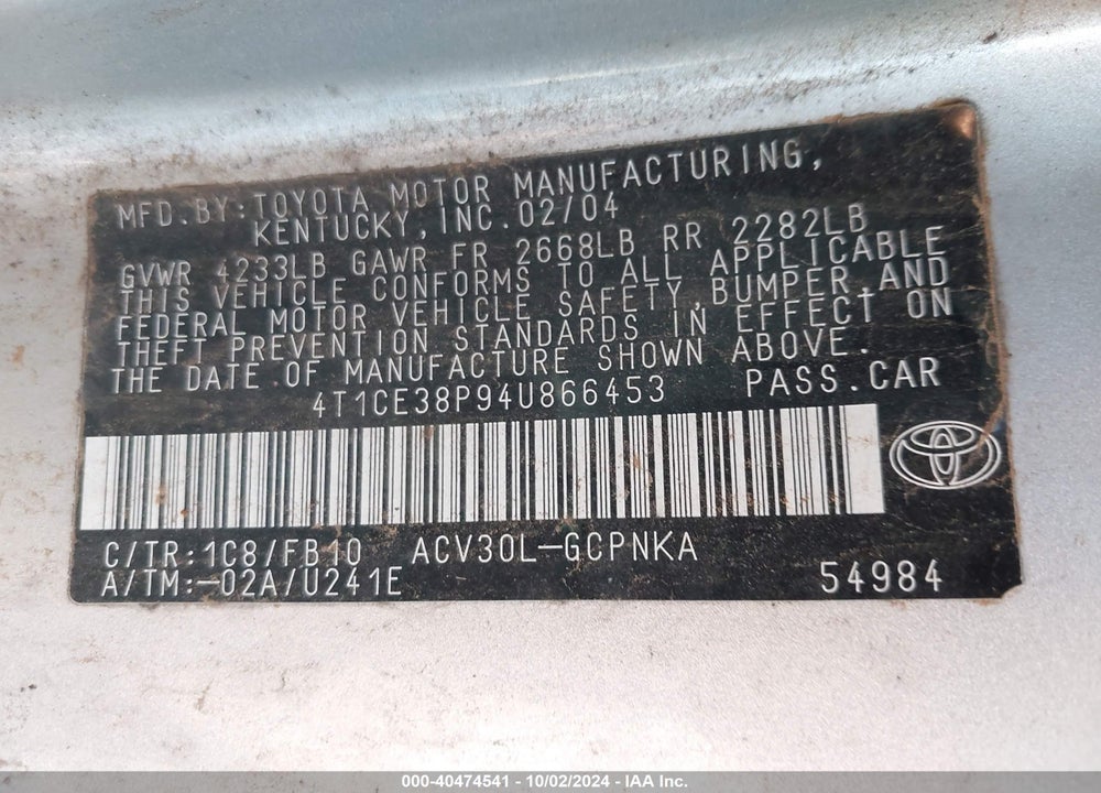 2004 TOYOTA CAMRY SOLARA SE VIN: 4T1CE38P94U866453