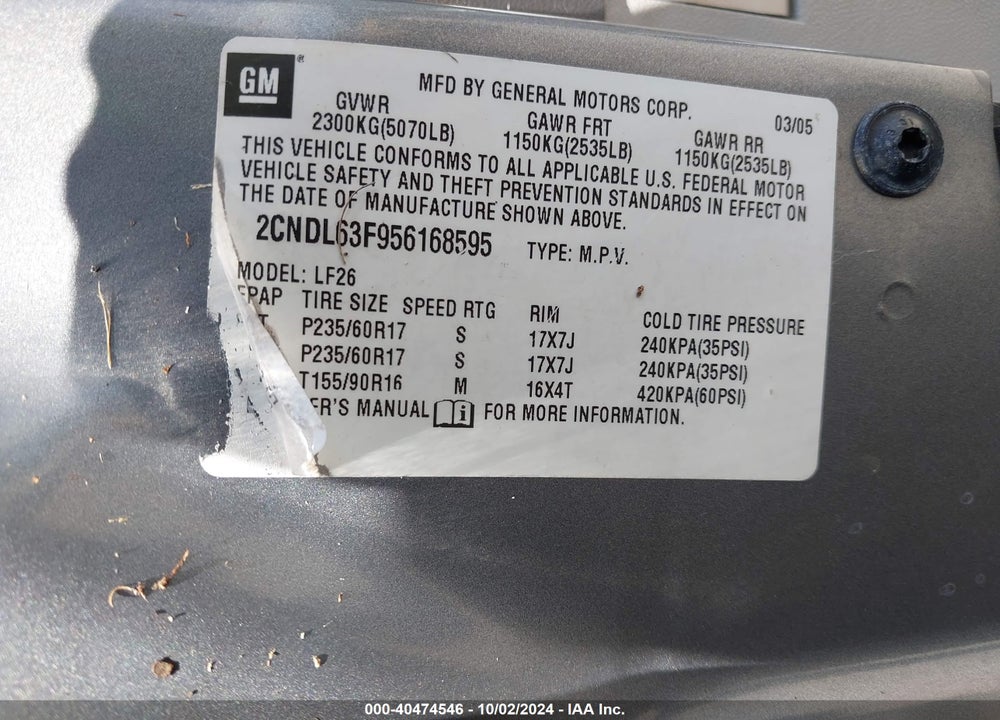 2005 CHEVROLET EQUINOX LT VIN: 2CNDL63F956168595