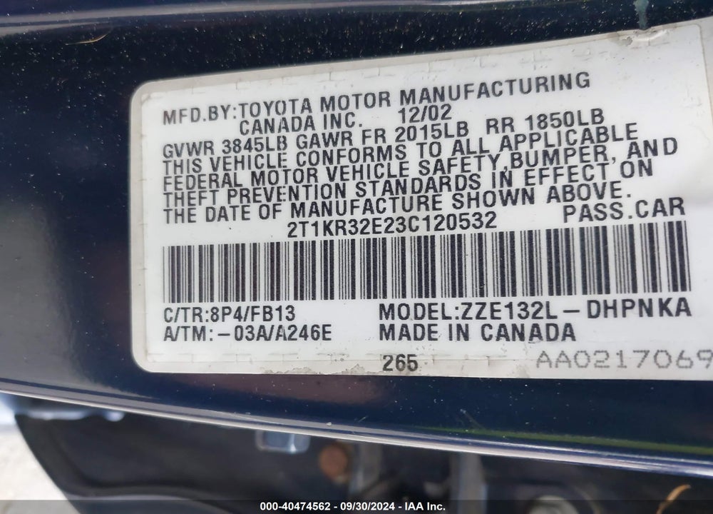 2003 TOYOTA MATRIX/XR VIN: 2T1KR32E23C120532