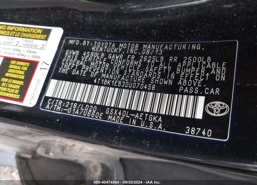 2013 TOYOTA AVALON XLE VIN: 4T1BK1EB3DU070458