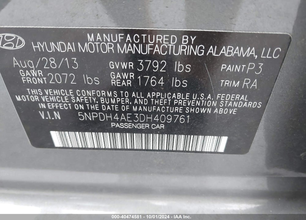 2013 HYUNDAI ELANTRA GLS VIN: 5NPDH4AE3DH409761