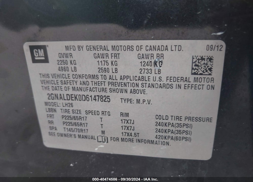 2013 CHEVROLET EQUINOX 1LT VIN: 2GNALDEK0D6147825