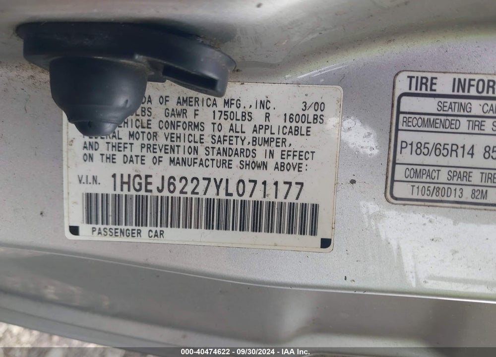 2000 HONDA CIVIC DX VIN: 1HGEJ6227YL071177