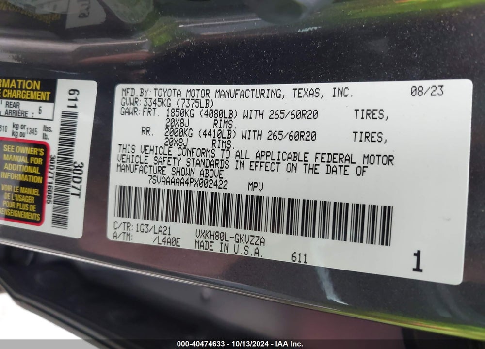 2023 TOYOTA SEQUOIA PLATINUM VIN: 7SVAAAAA4PX002422