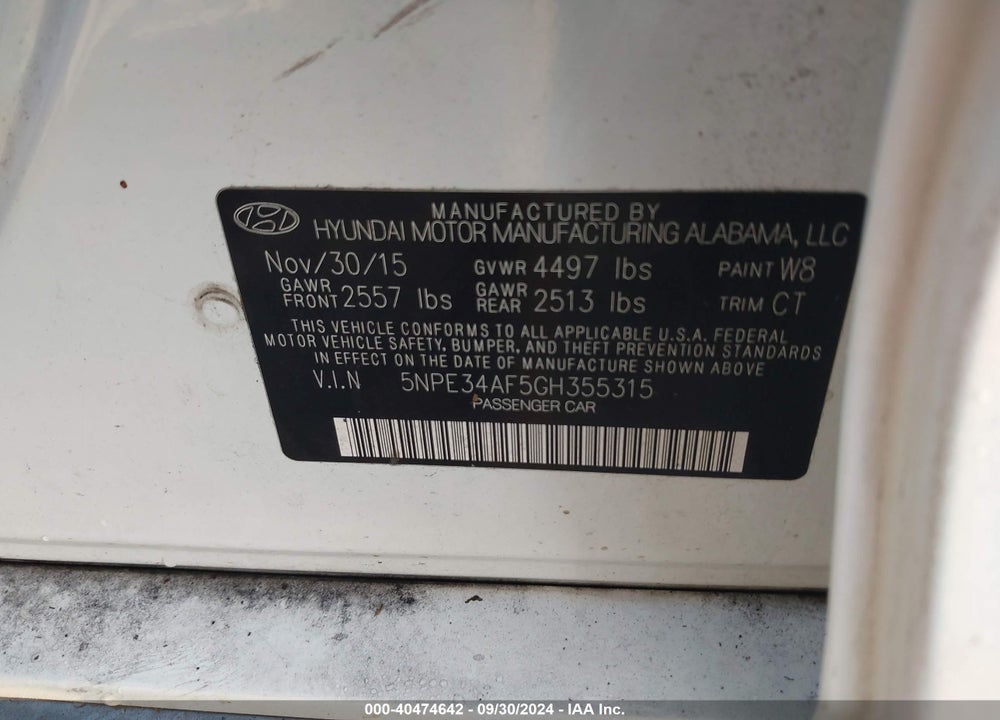 2016 HYUNDAI SONATA SPORT VIN: 5NPE34AF5GH355315