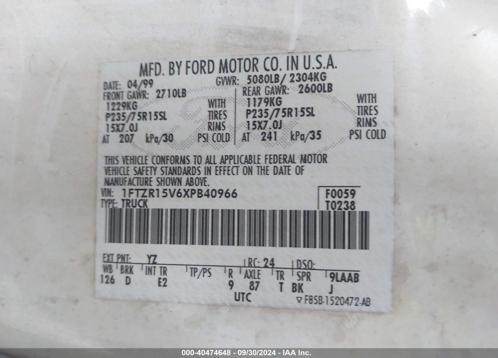1999 FORD RANGER XL/XLT VIN: 1FTZR15V6XPB40966