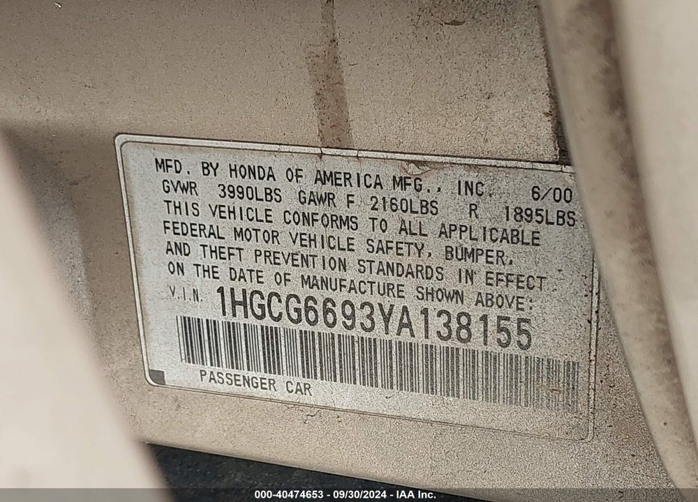 2000 HONDA ACCORD 2.3 SE VIN: 1HGCG6693YA138155