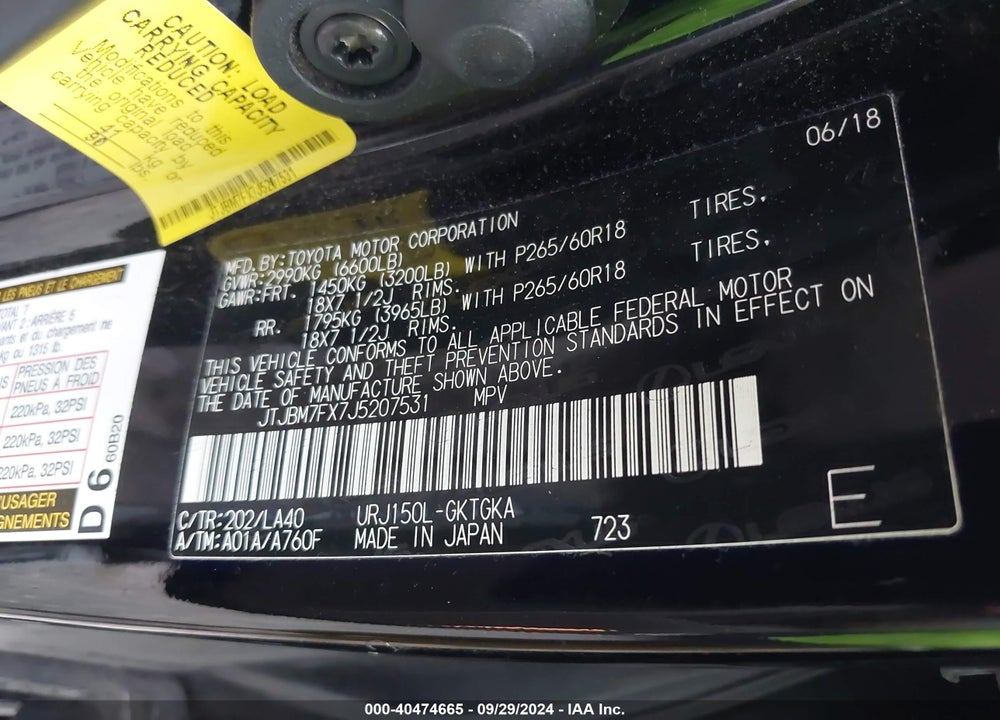 2018 LEXUS 460 VIN: JTJBM7FX7J5207531