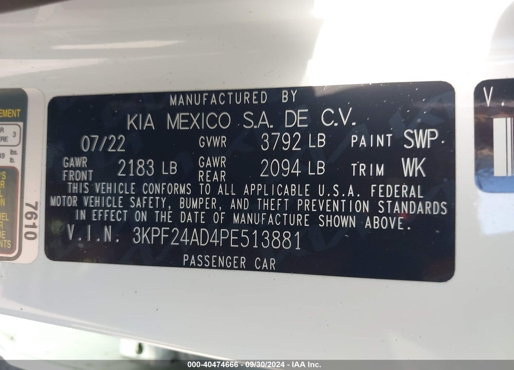 2023 KIA FORTE LXS VIN: 3KPF24AD4PE513881