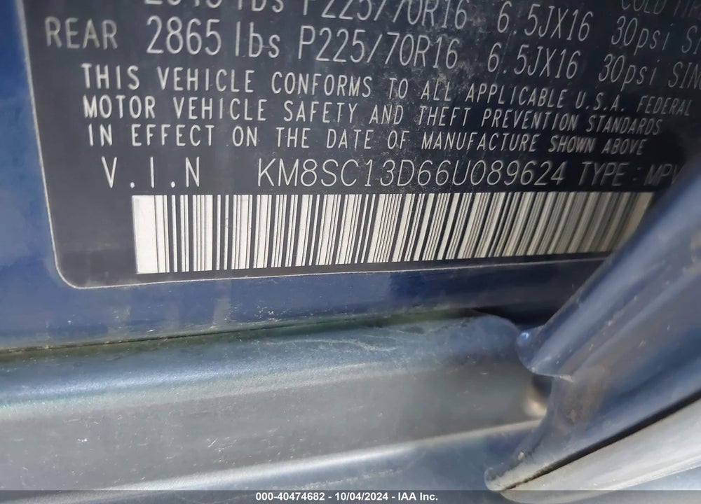 2006 HYUNDAI SANTA FE GLS VIN: KM8SC13D66U089624