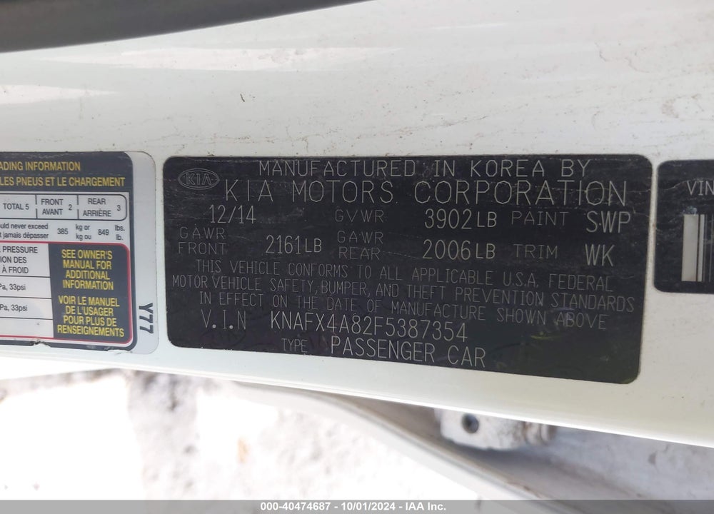 2015 KIA FORTE EX VIN: KNAFX4A82F5387354
