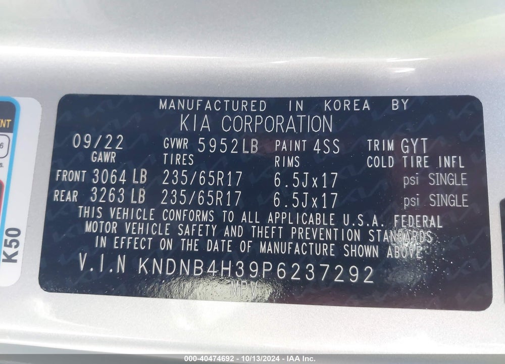 2023 KIA CARNIVAL MPV LX SEAT PACKAGE VIN: KNDNB4H39P6237292