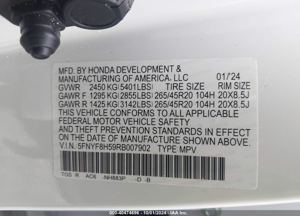 2024 HONDA PASSPORT AWD EX-L VIN: 5FNYF8H59RB007902