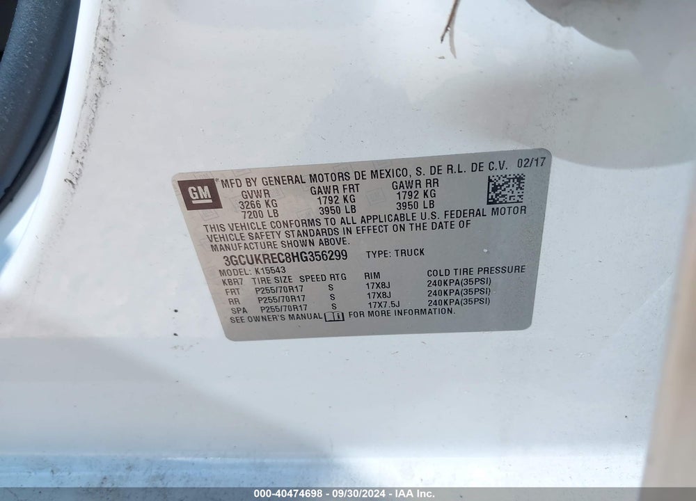 2017 CHEVROLET SILVERADO 1500 1LT VIN: 3GCUKREC8HG356299