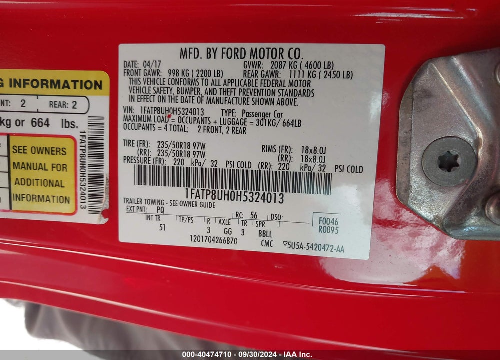 2017 FORD MUSTANG ECOBOOST PREMIUM VIN: 1FATP8UH0H5324013