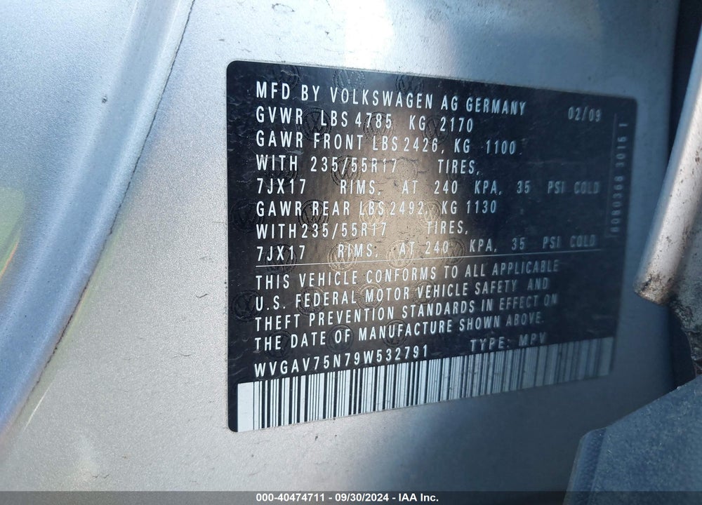 2009 VOLKSWAGEN TIGUAN SE VIN: WVGAV75N79W532791